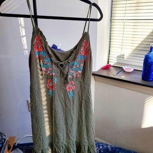 Francesca's Embroidered Olive Green Dress NWOT